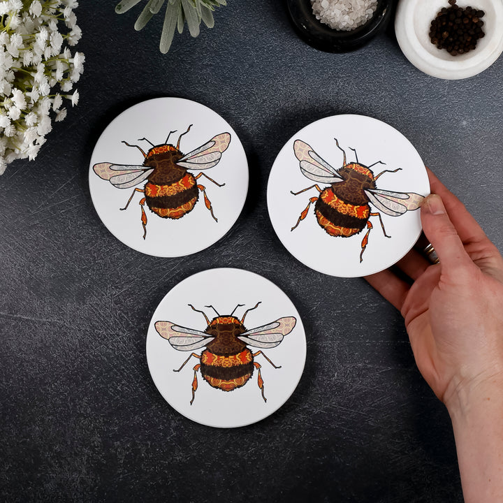 SALE : 3x Circular Ceramic Coasters Set (cork-backed) - BumbleBees