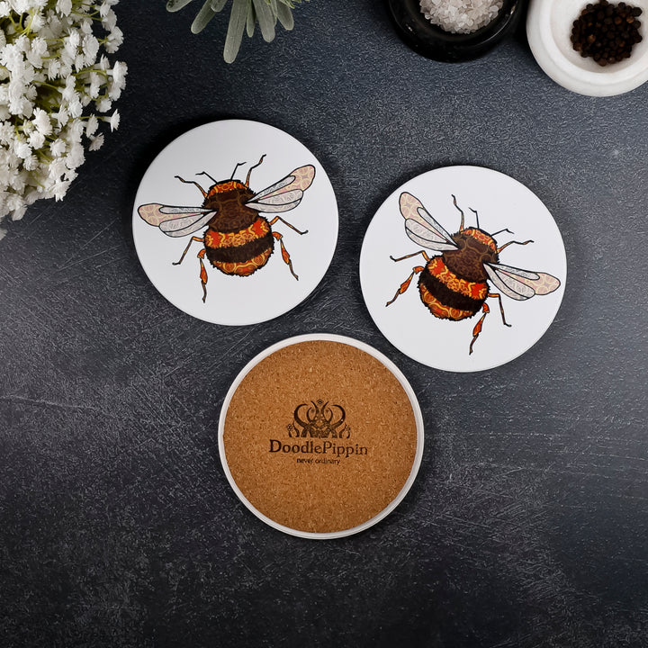 SALE : 3x Circular Ceramic Coasters Set (cork-backed) - BumbleBees