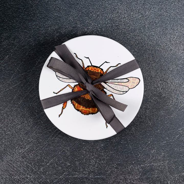 SALE : 3x Circular Ceramic Coasters Set (cork-backed) - BumbleBees