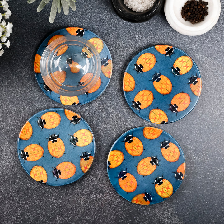 SALE : 4x Circular Ceramic Coasters Set (cork-backed) - Ladybirds