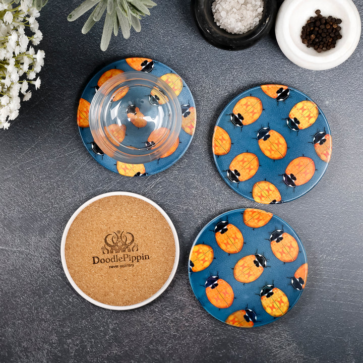 SALE : 4x Circular Ceramic Coasters Set (cork-backed) - Ladybirds