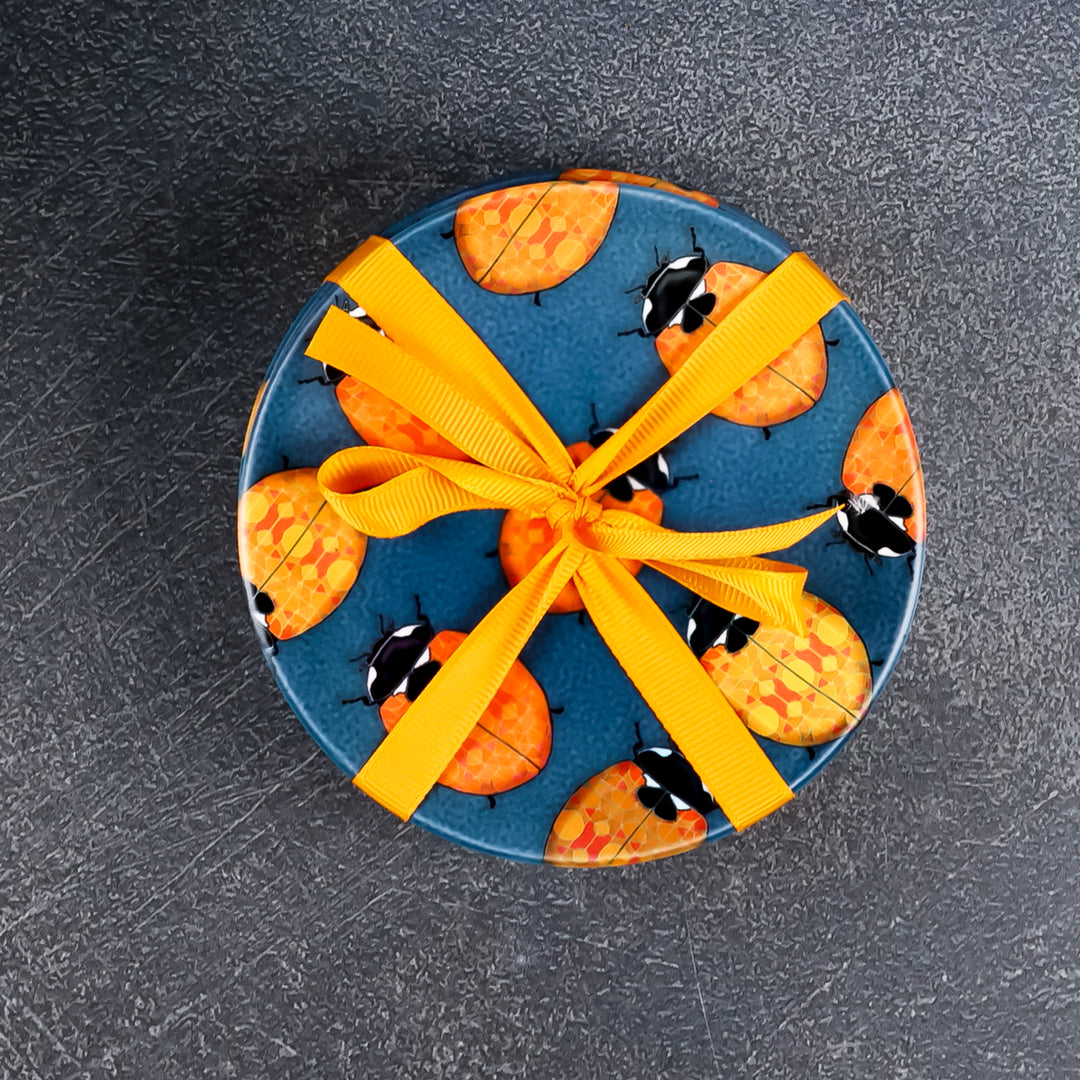 SALE : 4x Circular Ceramic Coasters Set (cork-backed) - Ladybirds
