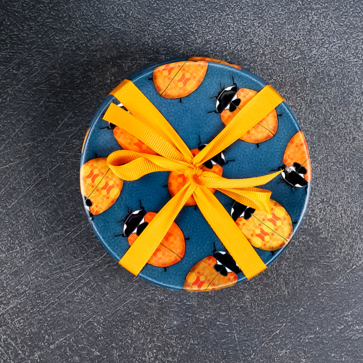 SALE : 4x Circular Ceramic Coasters Set (cork-backed) - Ladybirds