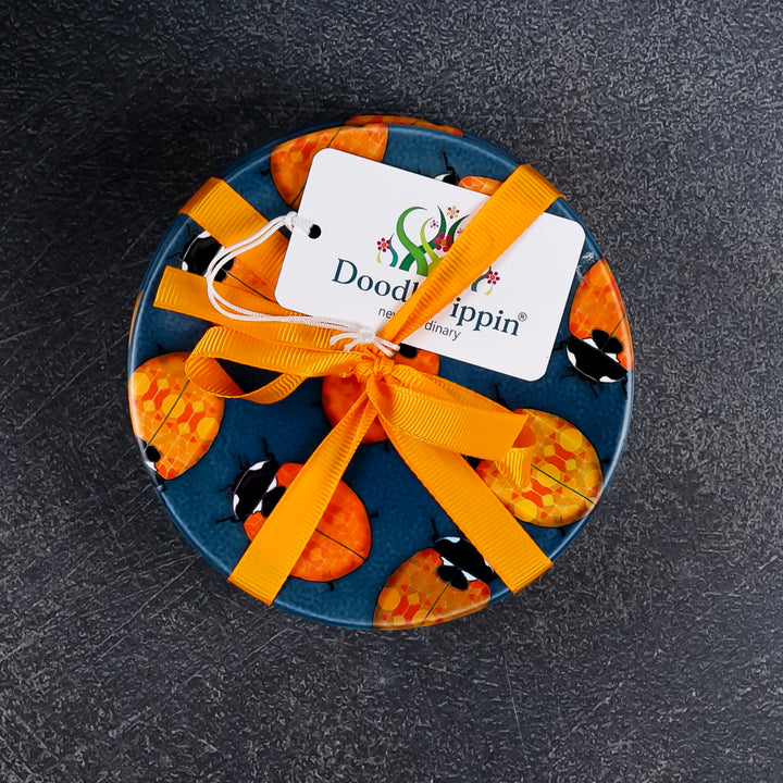 SALE : 4x Circular Ceramic Coasters Set (cork-backed) - Ladybirds