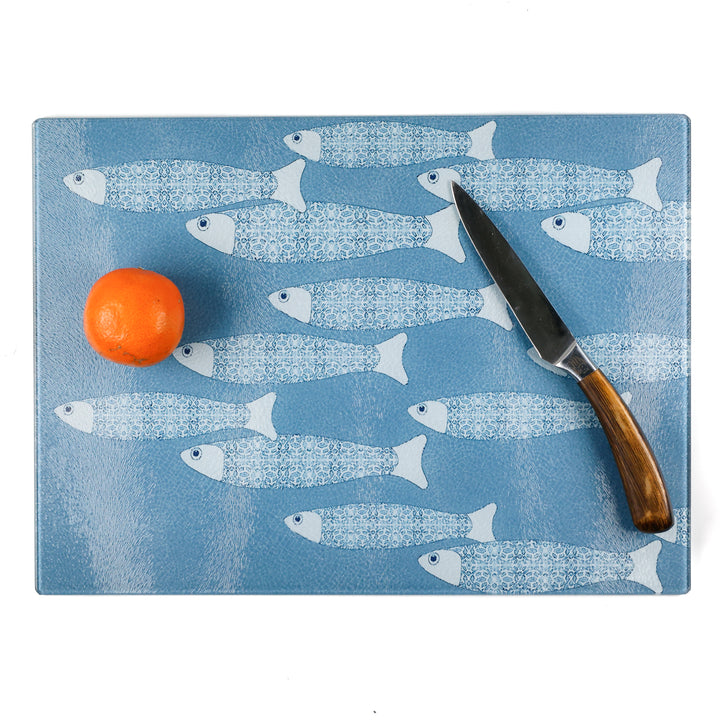 SALE - Large Rectangular - Grey Blue Ocean Shoal Chopping Board (textured)