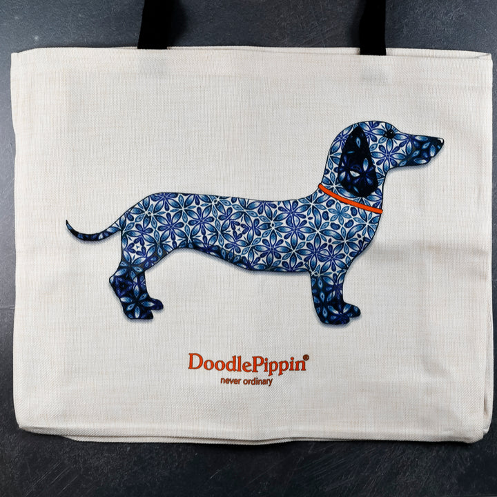 SALE Blue Dachshund - Large Cream Tote (short black handles)