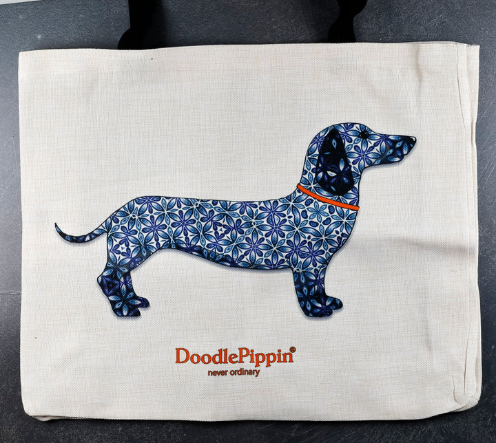 SALE Blue Dachshund - Large Cream Tote (short black handles)
