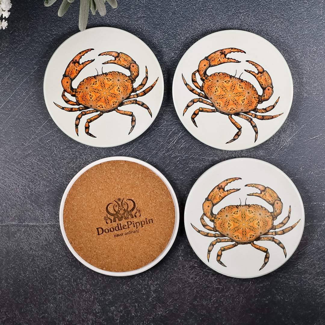 SALE : 4x Circular Ceramic Coasters Set (cork-backed) - Crabs