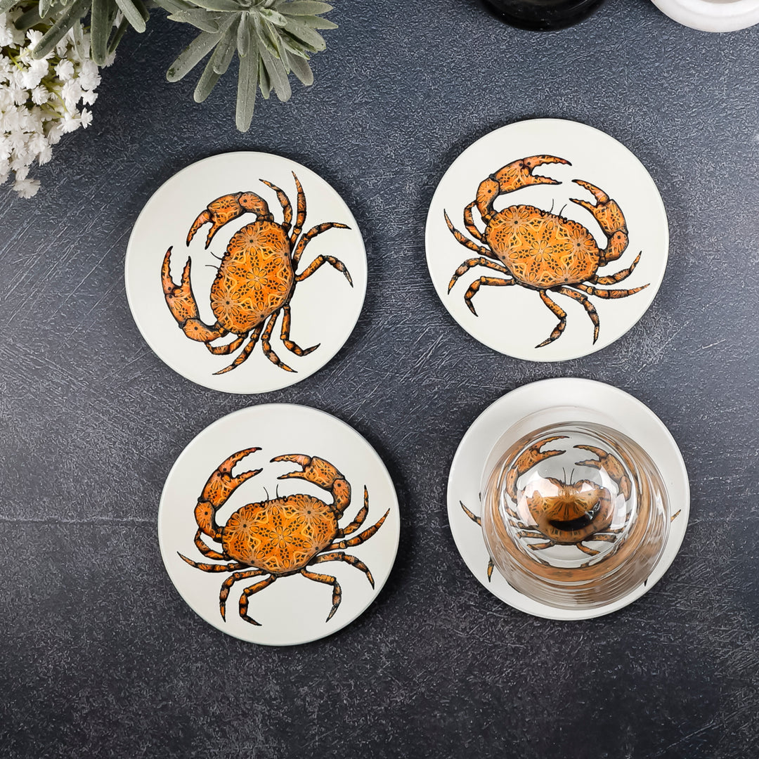 SALE : 4x Circular Ceramic Coasters Set (cork-backed) - Crabs