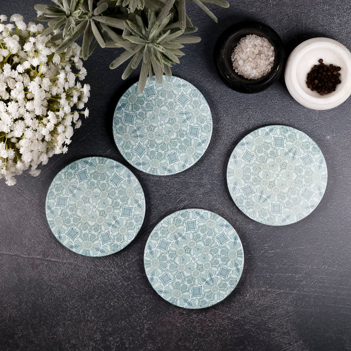SALE : 4x Circular Ceramic Coasters Set (cork-backed) - Pomegranate Blue