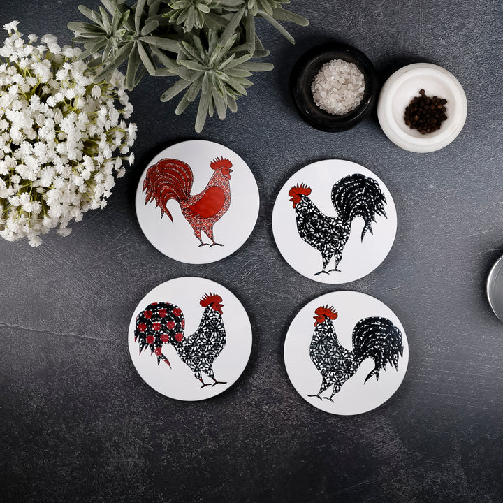 SALE : 4x Circular Ceramic Coasters Set (cork-backed) - Cockerels