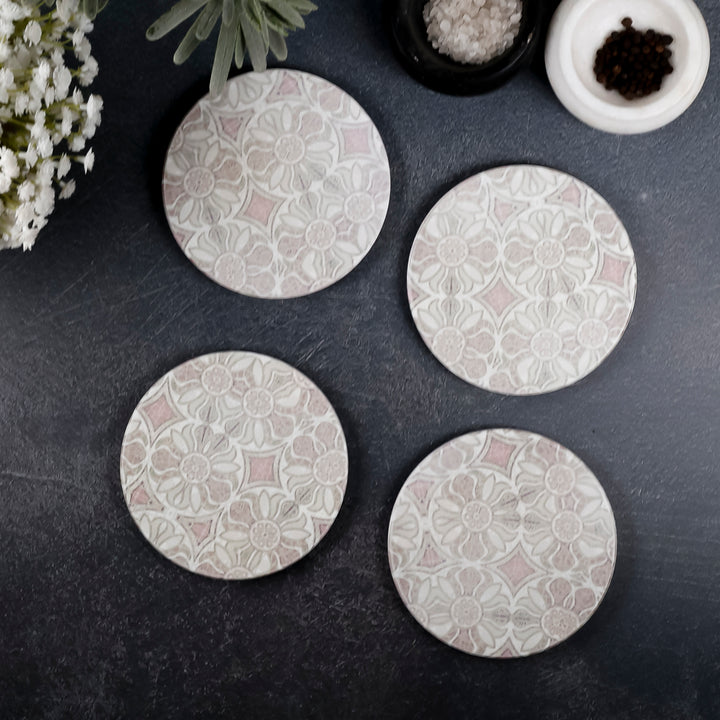 SALE : 4x Circular Ceramic Coasters Set (cork-backed) - Pomegranate Pink