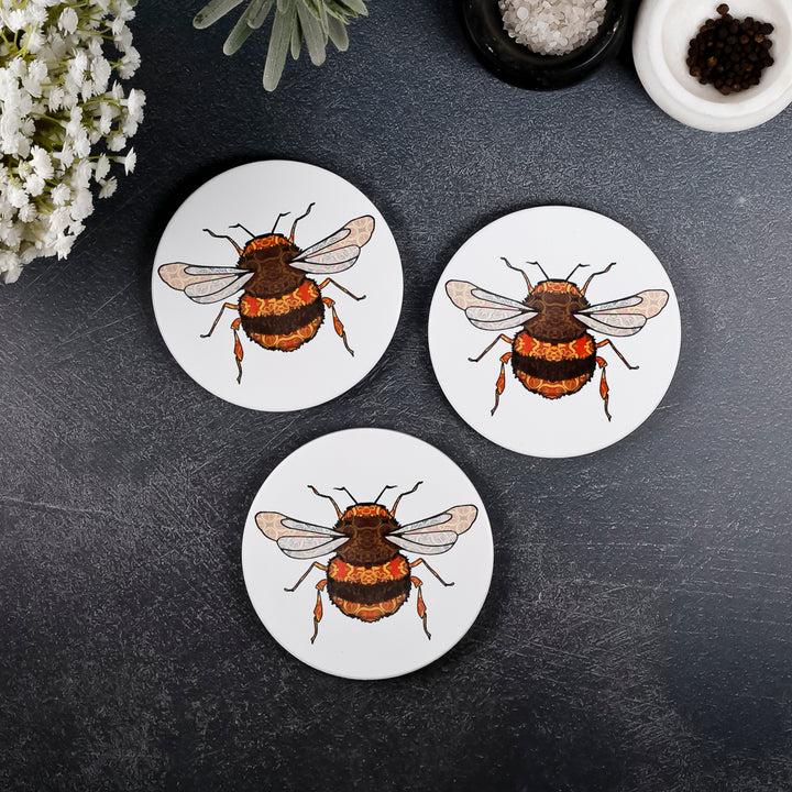 SALE : 3x Circular Ceramic Coasters Set (cork-backed) - BumbleBees