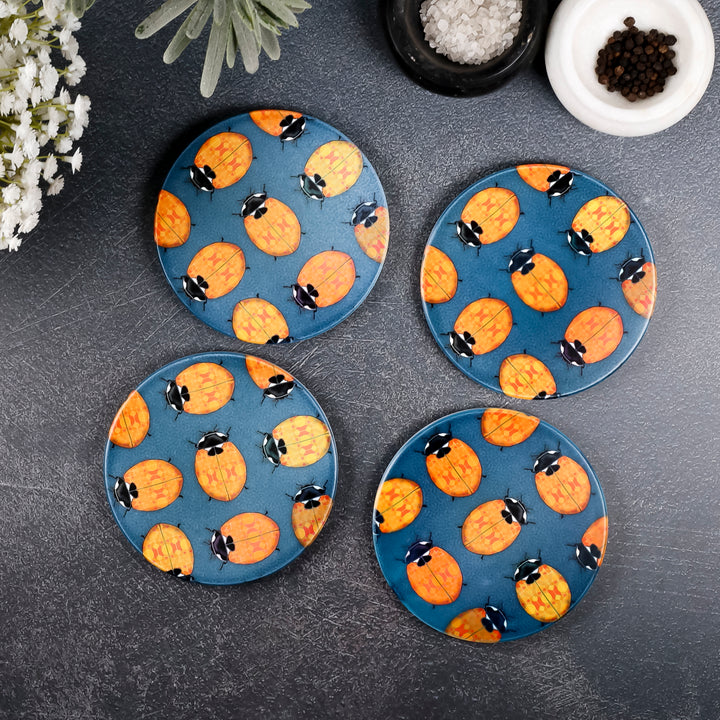 SALE : 4x Circular Ceramic Coasters Set (cork-backed) - Ladybirds