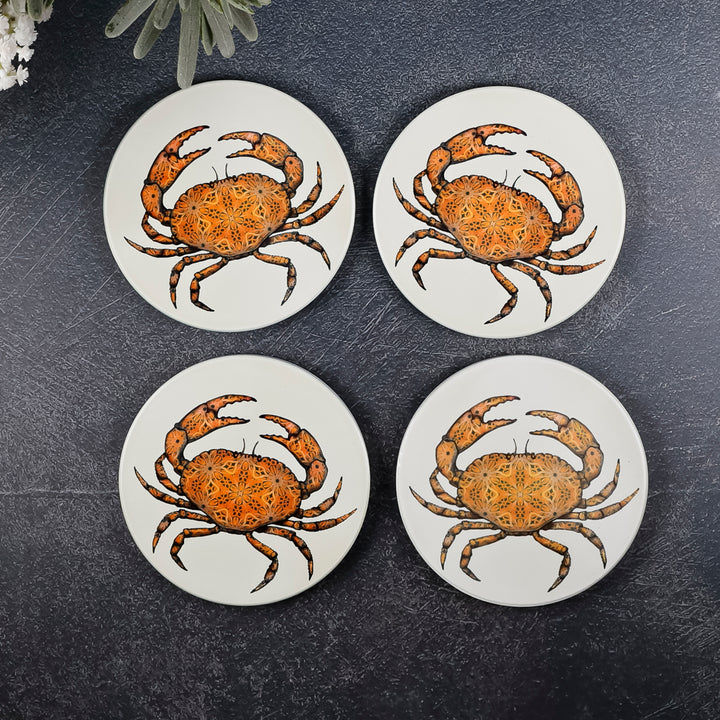 SALE : 4x Circular Ceramic Coasters Set (cork-backed) - Crabs