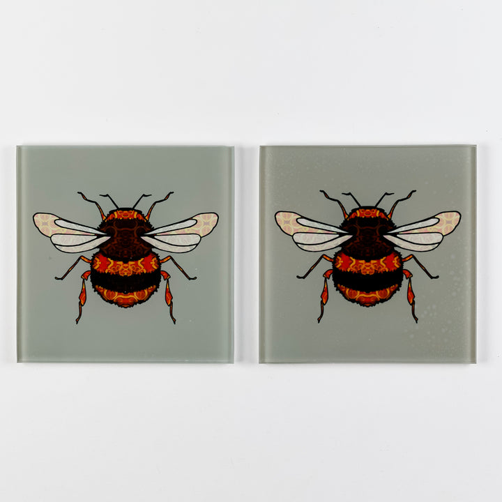 SALE SECOND - Pair of Bumble Bee square glass coasters