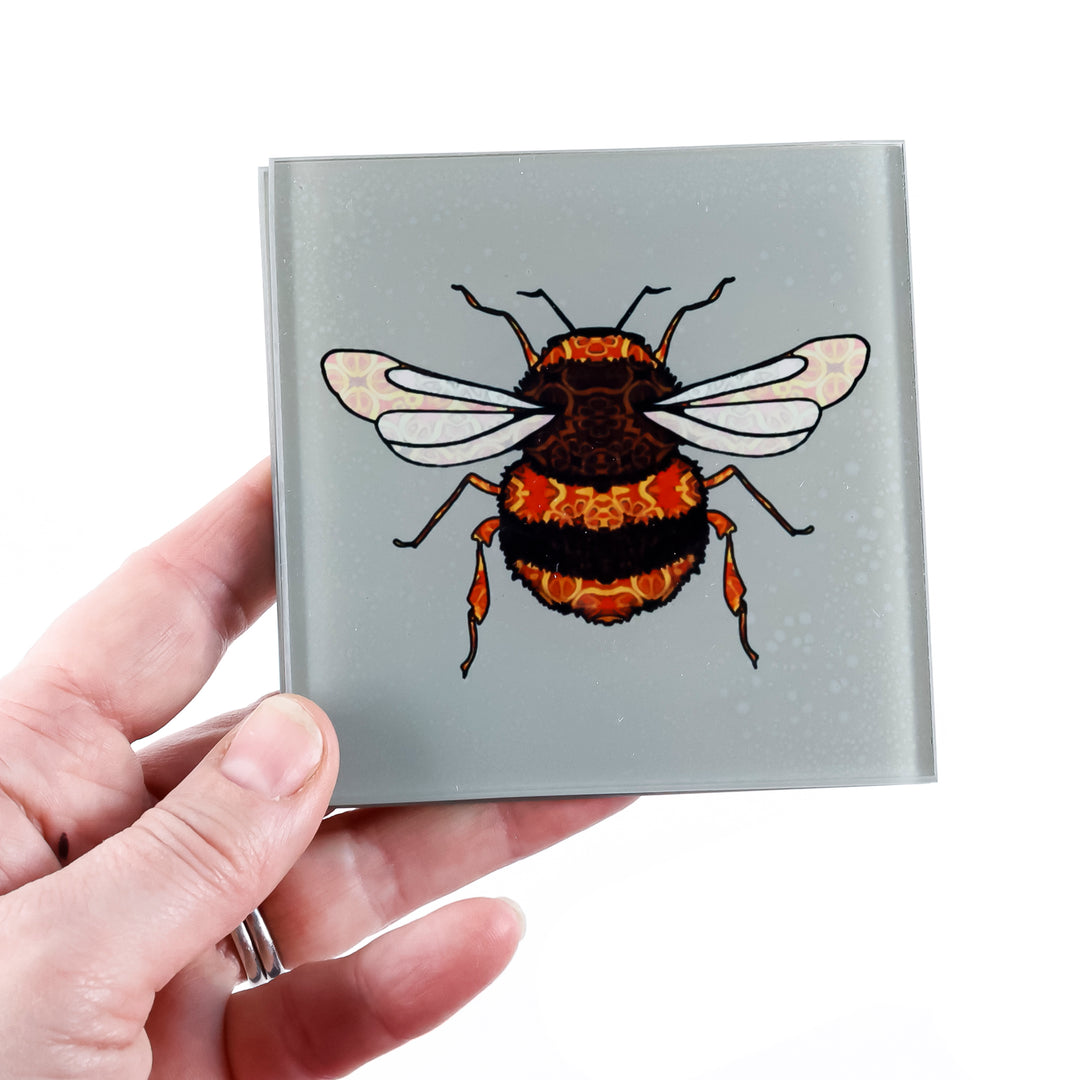 SALE SECOND - Pair of Bumble Bee square glass coasters