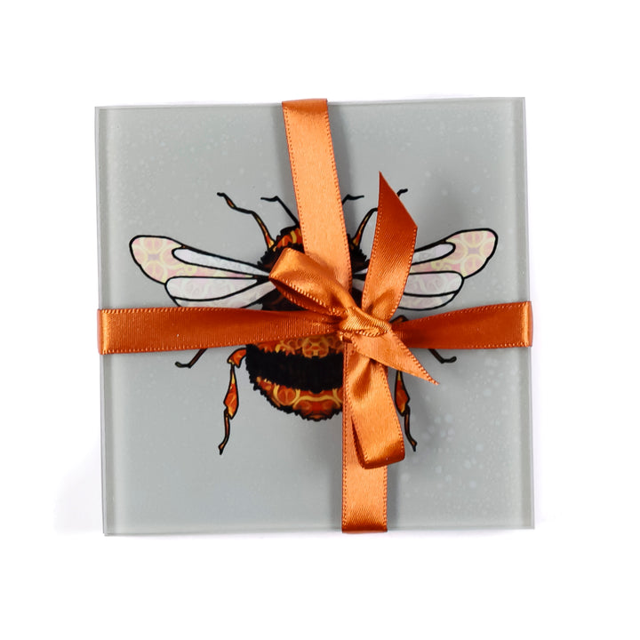 SALE SECOND - Pair of Bumble Bee square glass coasters