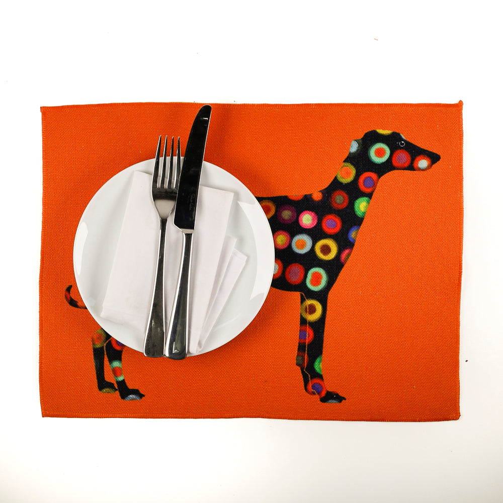 Greyhound Lurcher Placemat - Fabric - Spotty on orange
