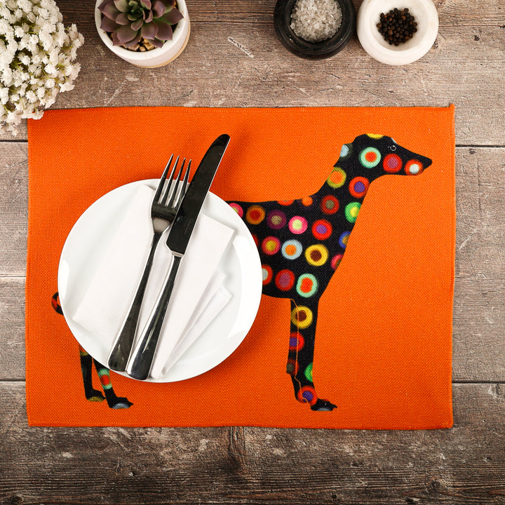 Greyhound Lurcher Placemat - Fabric - Spotty on orange