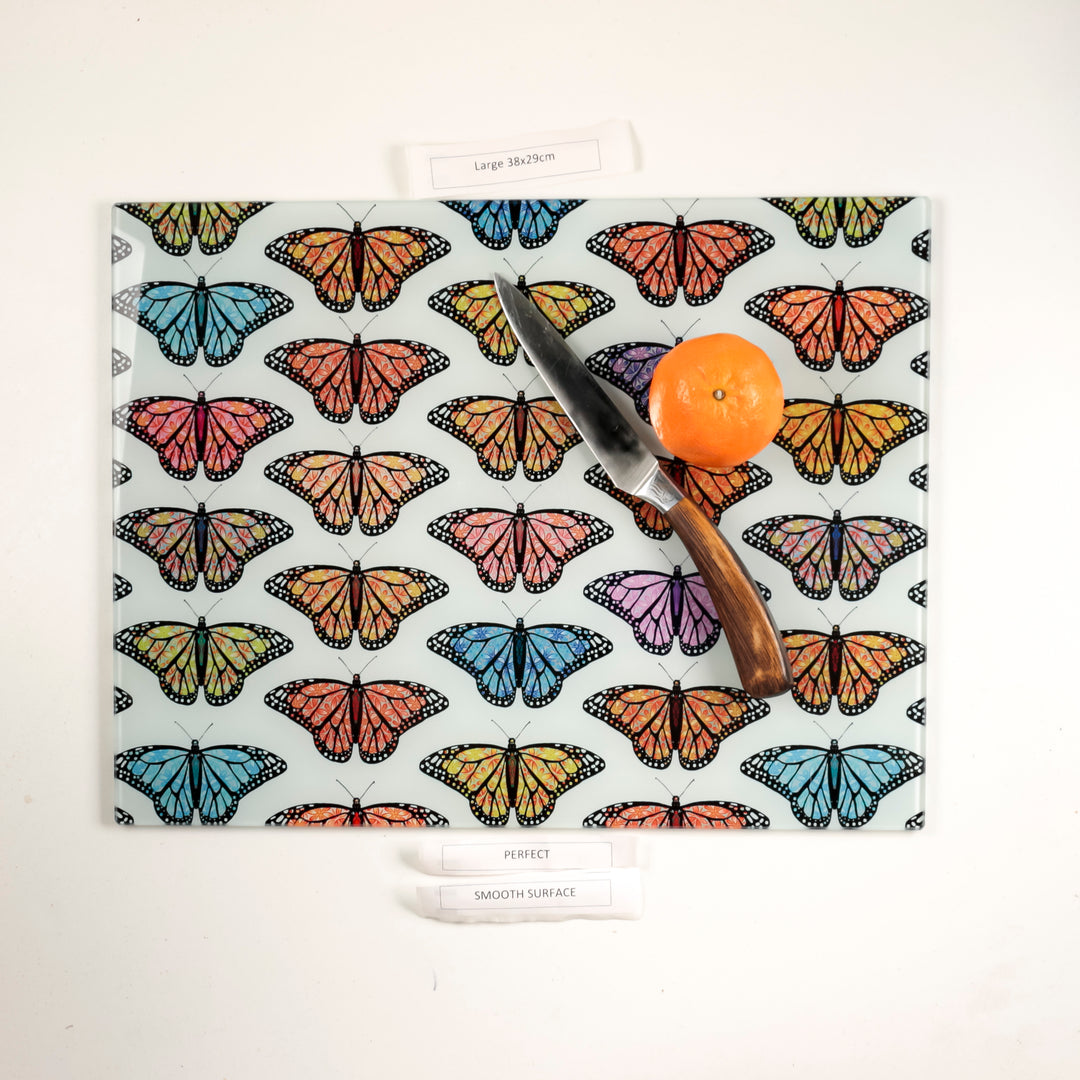 SALE - Multi-coloured butterfly Cutting Board (large rectangular/smooth surface)