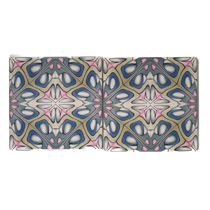 SALE - 2x 15cm Pink/Green Floral Tiles -  FIRED INK Version
