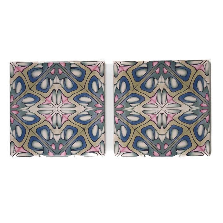 SALE - 2x 15cm Pink/Green Floral Tiles -  FIRED INK Version