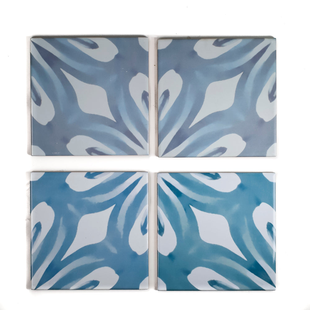 SALE SECONDS - Mixed Set of 4x Blue Pattern Tiles - (15cm) FIRED INK Version