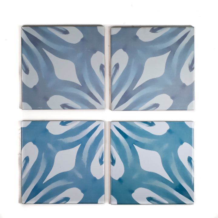 SALE SECONDS - Mixed Set of 4x Blue Pattern Tiles - (15cm) FIRED INK Version