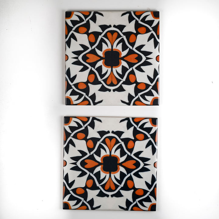 SALE - 2x 15cm Orange/Black Aztec Tile -  FIRED INK Version
