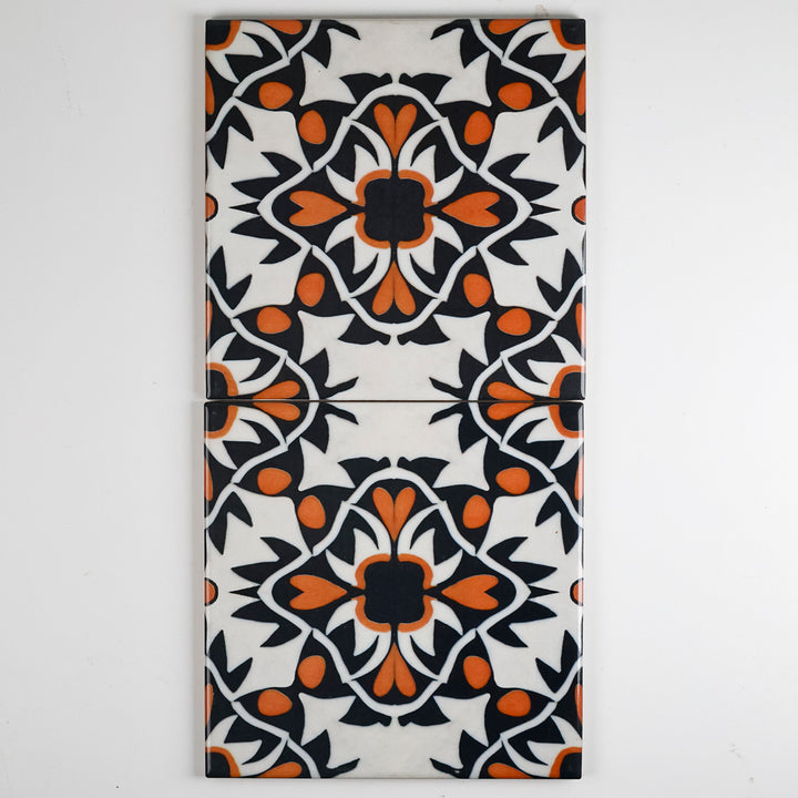 SALE - 2x 15cm Orange/Black Aztec Tile -  FIRED INK Version