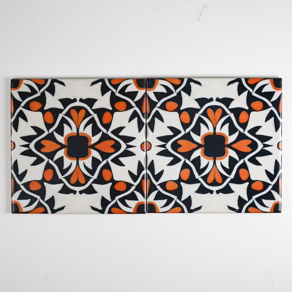 SALE - 2x 15cm Orange/Black Aztec Tile -  FIRED INK Version