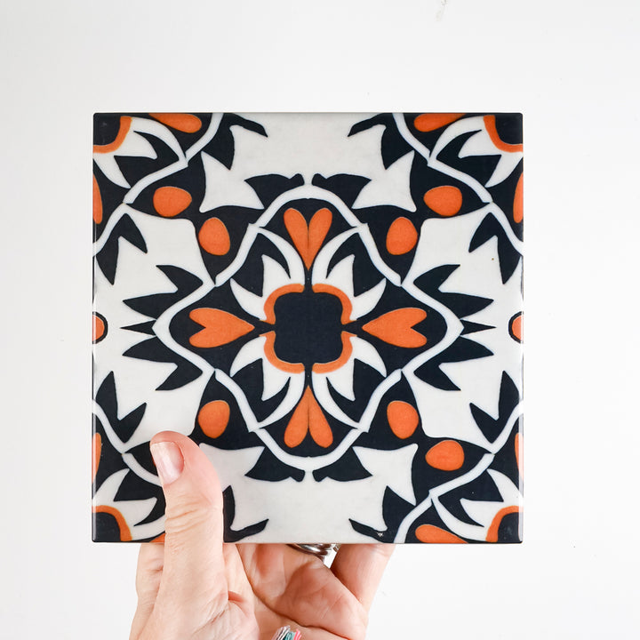 SALE - 2x 15cm Orange/Black Aztec Tile -  FIRED INK Version