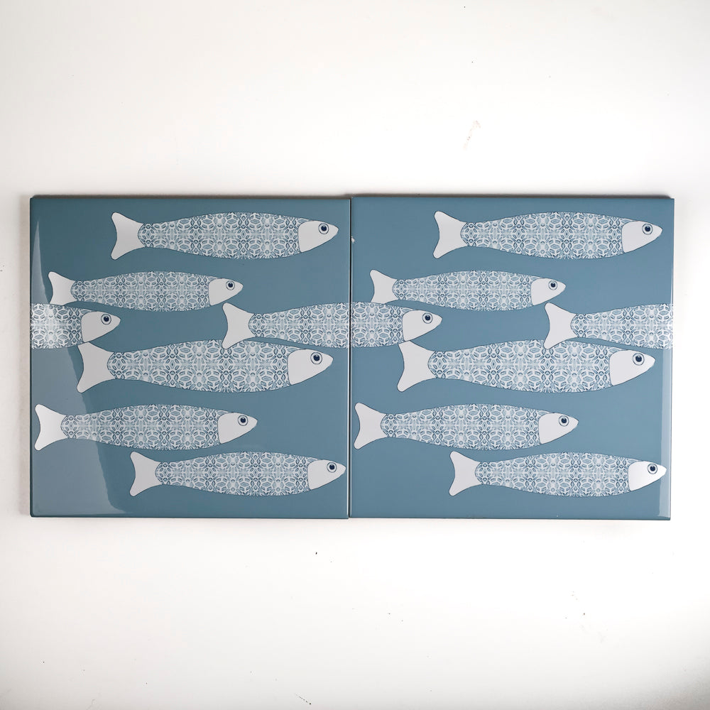 SALE SECONDS - Set of 2x 20cm Ocean Shoal border tiles - blue-grey colourway