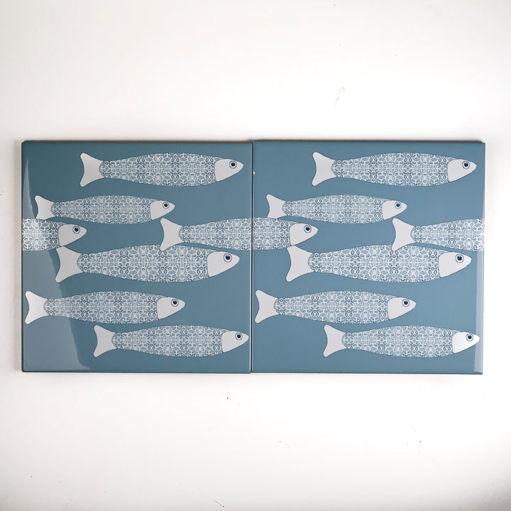 SALE SECONDS - Set of 2x 20cm Ocean Shoal border tiles - blue-grey colourway