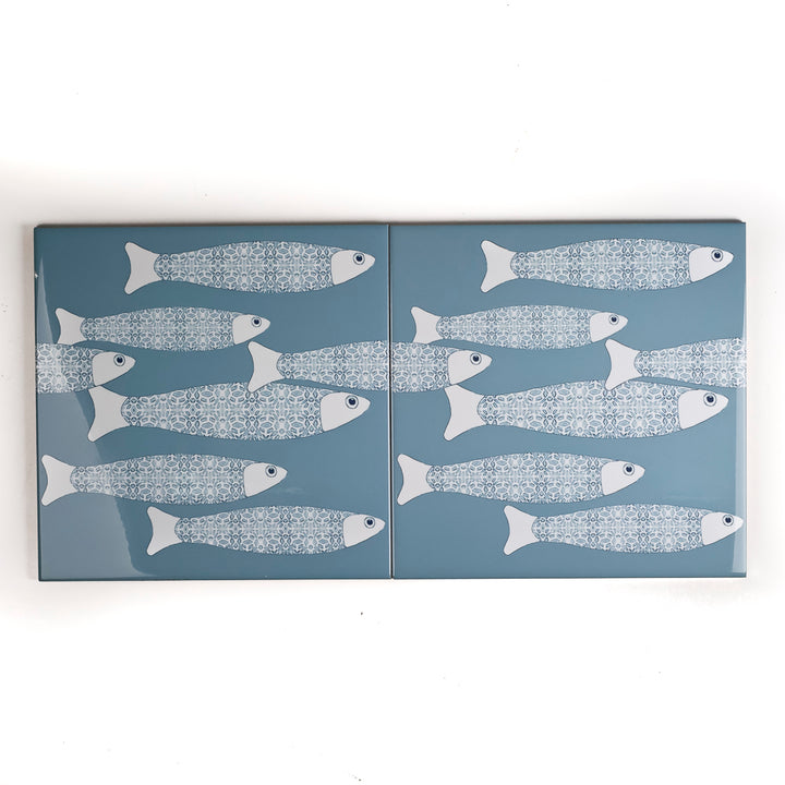 SALE SECONDS - Set of 2x 20cm Ocean Shoal border tiles - blue-grey colourway