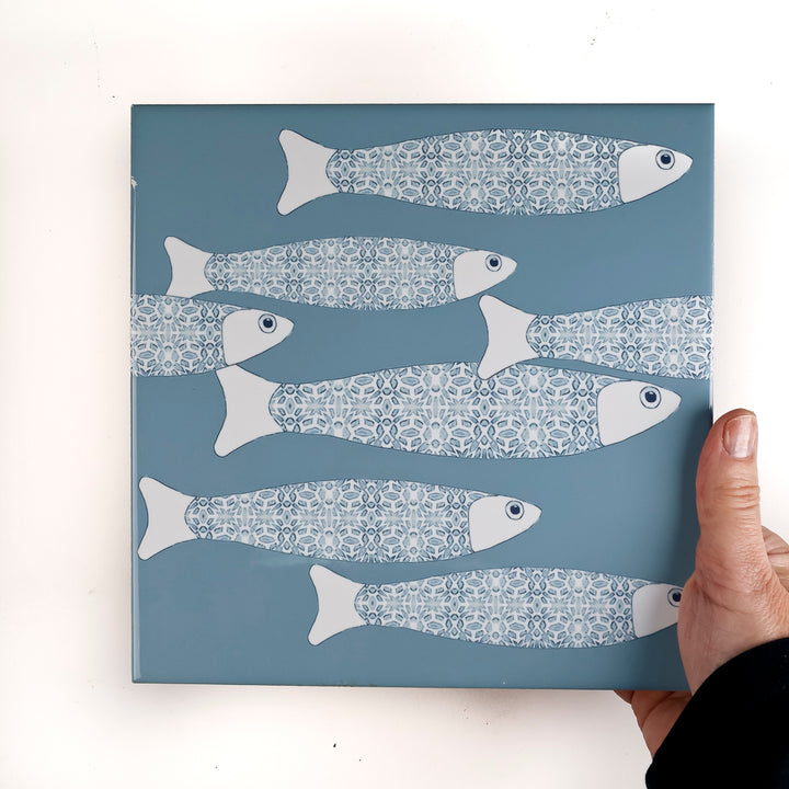 SALE SECONDS - Set of 2x 20cm Ocean Shoal border tiles - blue-grey colourway