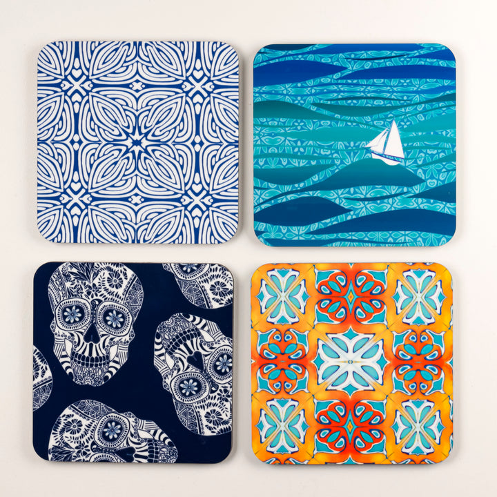 SALE Coaster Set - 4x Mixed Designs wooden/cork-backed