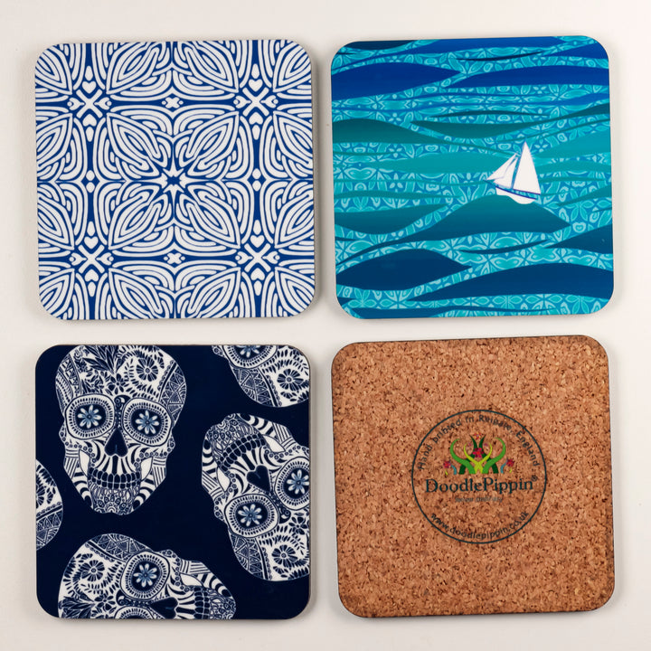 SALE Coaster Set - 4x Mixed Designs wooden/cork-backed