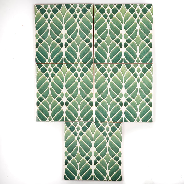 SALE SET of 5x 15cm Fired Ink tiles (Mixed Interwoven Tree large scale design - green)