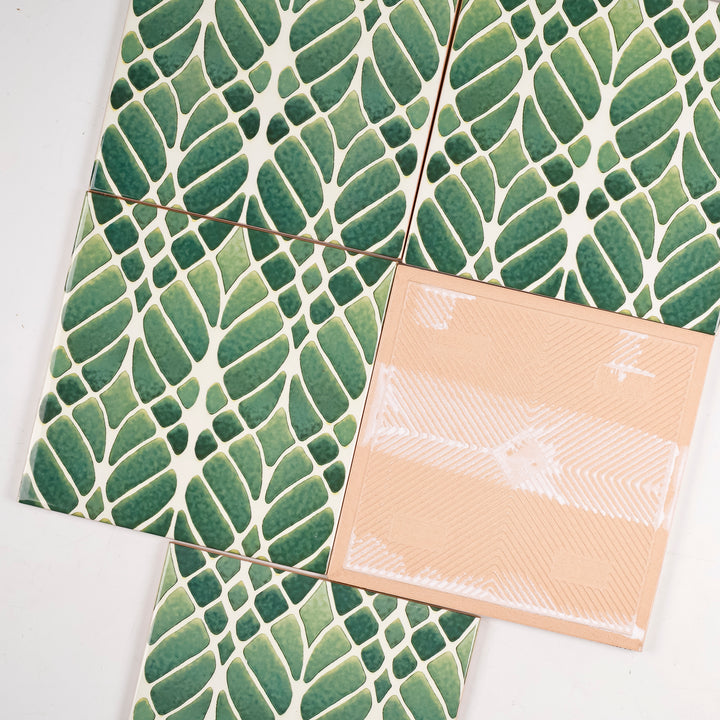 SALE SET of 5x 15cm Fired Ink tiles (Mixed Interwoven Tree large scale design - green)
