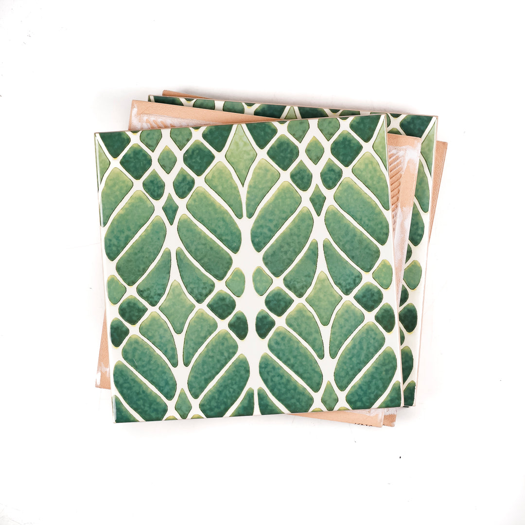SALE SET of 5x 15cm Fired Ink tiles (Mixed Interwoven Tree large scale design - green)