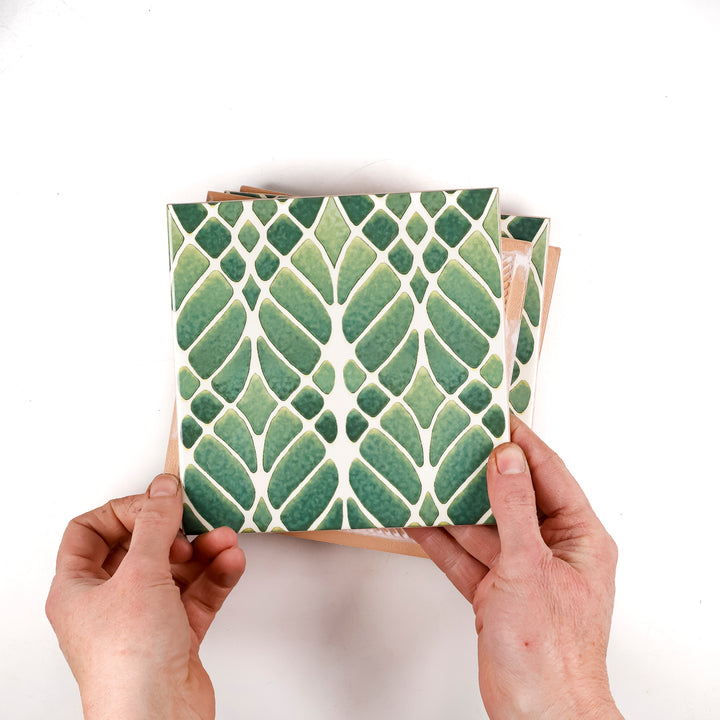 SALE SET of 5x 15cm Fired Ink tiles (Mixed Interwoven Tree large scale design - green)