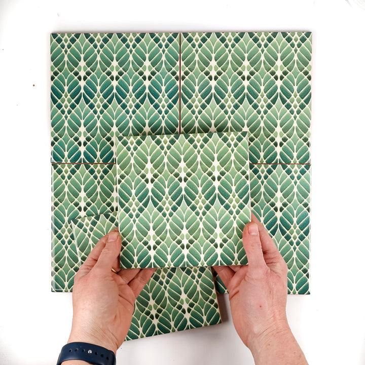 SALE SET of 6x 15cm Fired Ink tiles (Mixed Interwoven Tree Designs - green)
