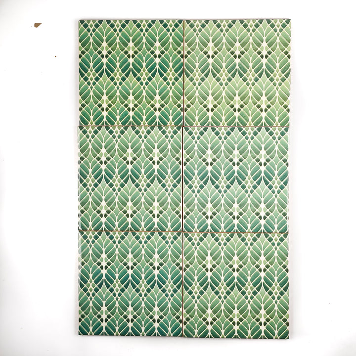 SALE SET of 6x 15cm Fired Ink tiles (Mixed Interwoven Tree Designs - green)