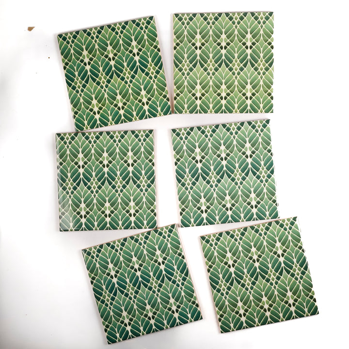 SALE SET of 6x 15cm Fired Ink tiles (Mixed Interwoven Tree Designs - green)