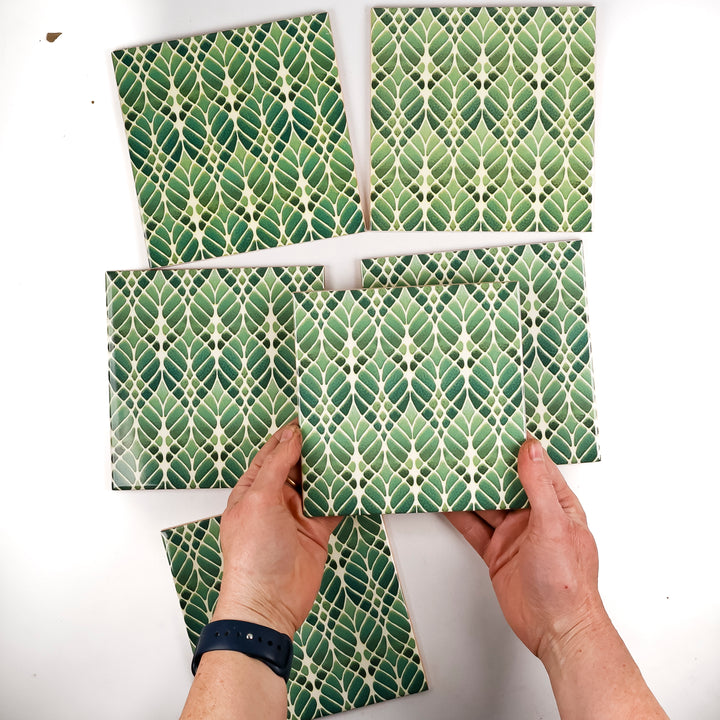 SALE SET of 6x 15cm Fired Ink tiles (Mixed Interwoven Tree Designs - green)