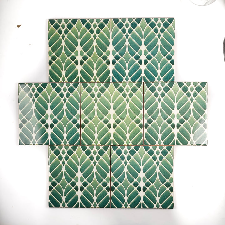 SALE SET of 7x 15cm Fired Ink tiles (Mixed Interwoven Tree large scale design - green)