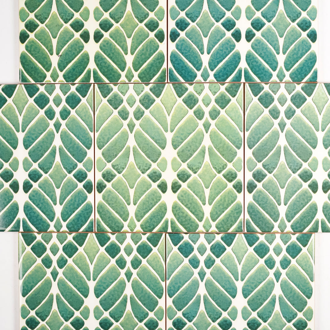 SALE SET of 7x 15cm Fired Ink tiles (Mixed Interwoven Tree large scale design - green)