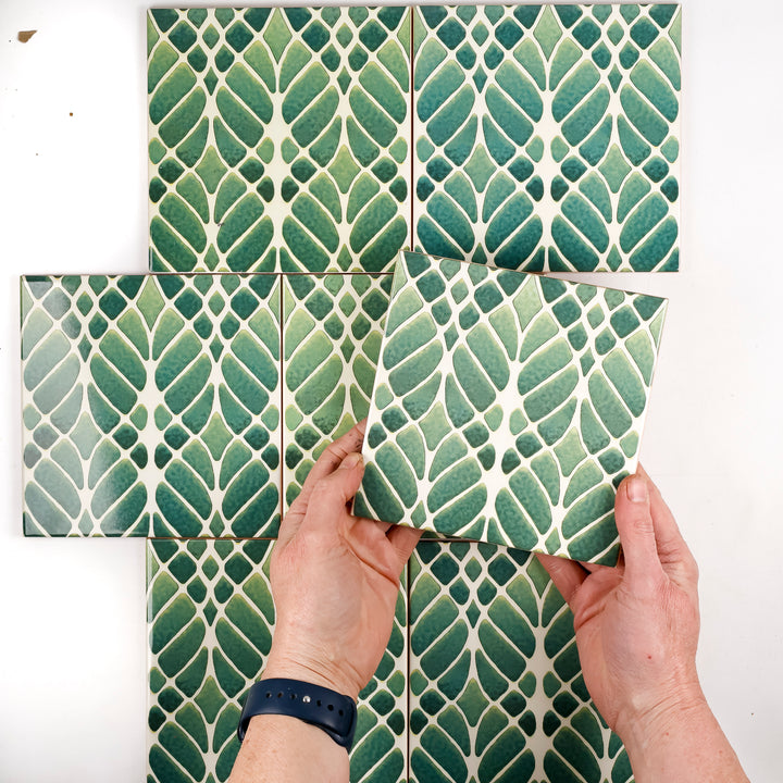 SALE SET of 7x 15cm Fired Ink tiles (Mixed Interwoven Tree large scale design - green)